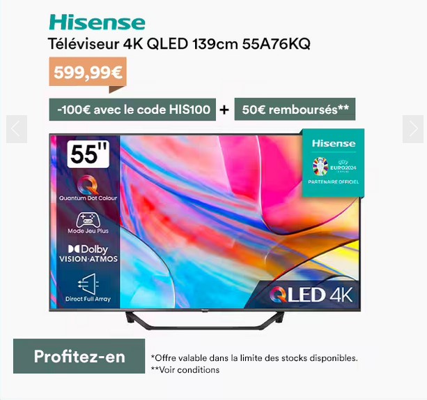 Téléviseur QLED HISENSE 55A76KQ 139 cm 4K