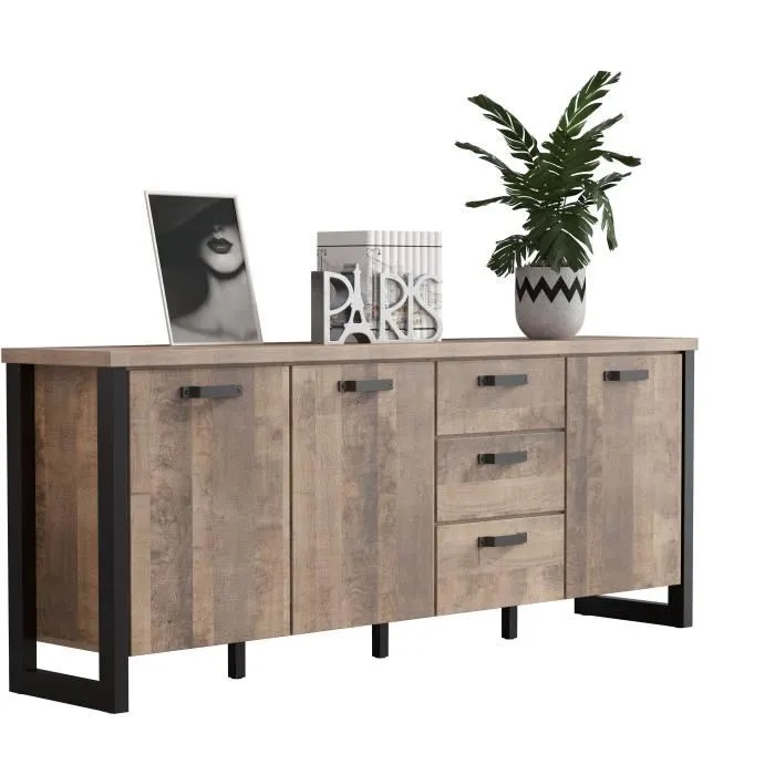 Buffet EMILE 3 Portes + 3 Tiroirs Mélamine chêne brun tabac et noir mat