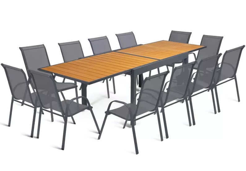 Salon de jardin POLY extensible Table 135-270 CM et 12 chaises bois et gris foncé - ID MARKET