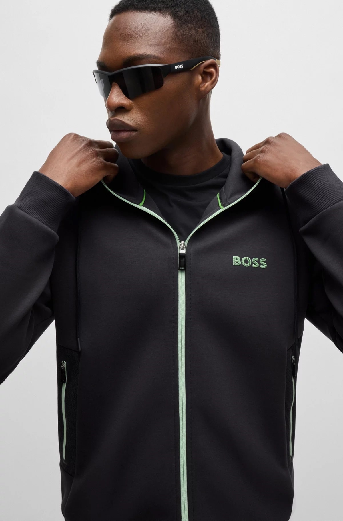 Sweat à capuche zippé BOSS SAGGY en coton mélangé avec logo en relief gris foncé pour Homme