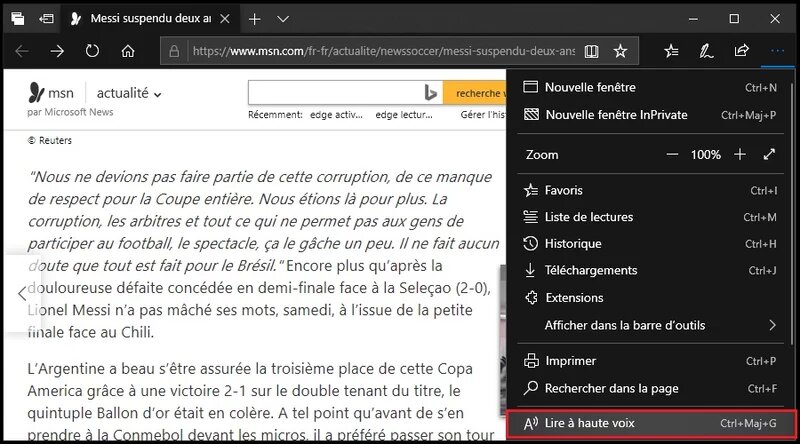 Microsoft Edge offre la synthèse vocale grâce à l’intégration de Cortana © Microsoft Edge