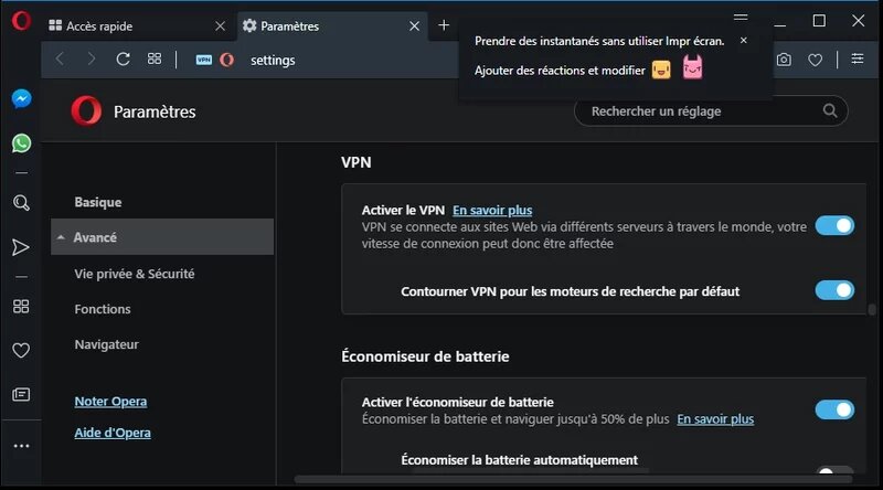 Le VPN et l’économie de batterie, des options exclusives à Opera. © Opera