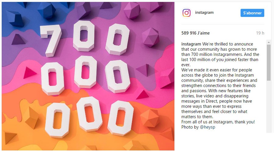 700 millions d'utilisateurs pour Instagram