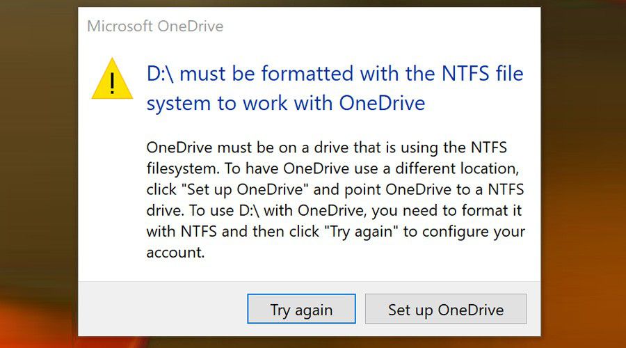 OneDrive ne fonctionne plus qu'avec les partitions NTFS