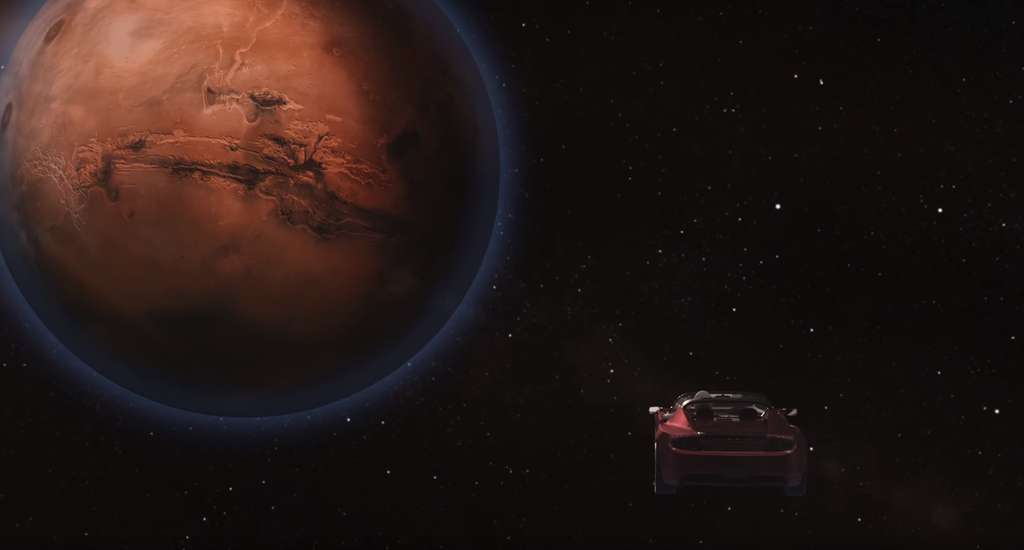 Illustration du roadster Tesla lancé par la puissante Falcon Heavy et en route vers Mars. © SpaceX