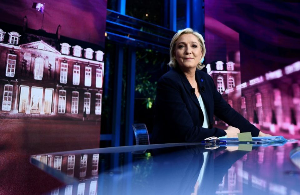Marine Le Pen sur le plateau de TF1, le 25 avril 2017, à Boulogne-Billancourt Photo Martin BUREAU. AFP