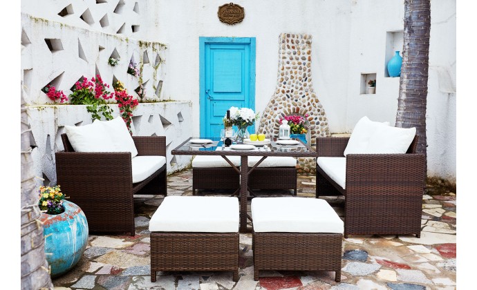 Salon de jardin encastrable Nouméa en résine tressée marron 8 places - Concept Usine