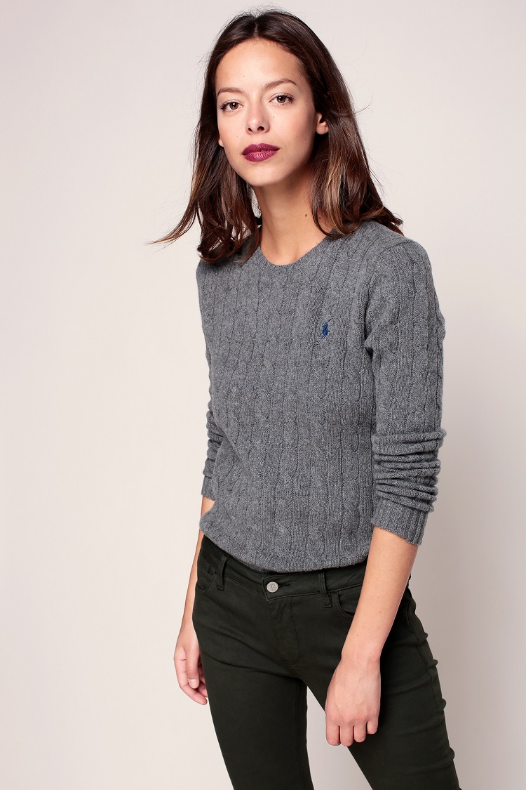 Ralph Lauren Pull gris torsadé en cachemire logo brodé marine - Monshowroom