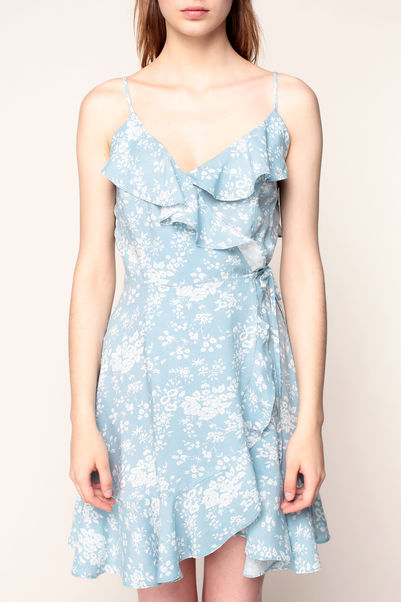 Denim and Supply Ralph Lauren Robe portefeuille bleue claire imprimé fleuri blanc à volants