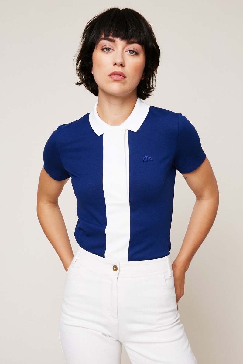 Lacoste Polo bleu marine contrasté blanc