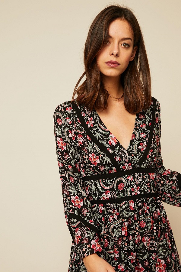 Ba&sh Heren Robe fluide imprimé floral noir - Monshowroom