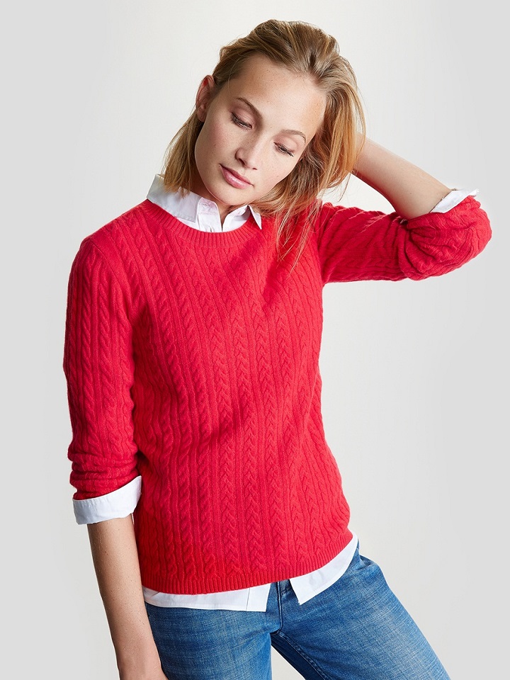 Pull en cachemire Femme fines torsades rouge vif Cyrillus