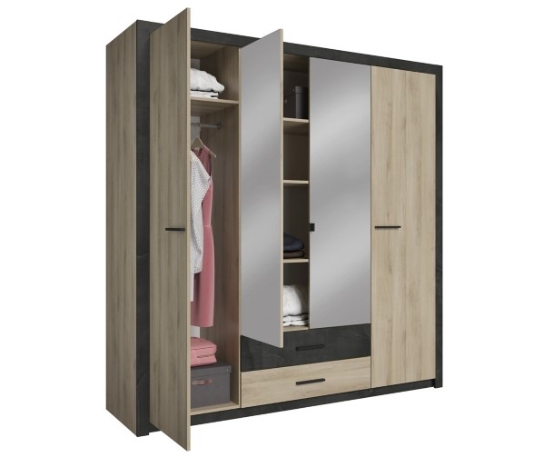 Armoire 4 portes Style industriel COLO avec miroir, lingère, penderie et tiroirs