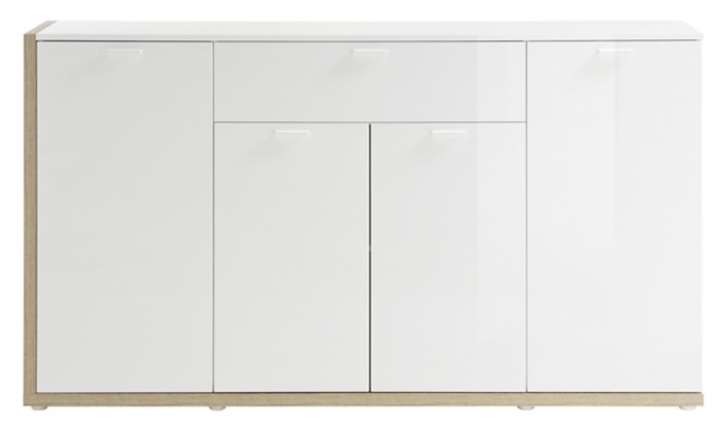 Buffet 4 portes/1tiroir ENIGO décor blanc brillant/chêne