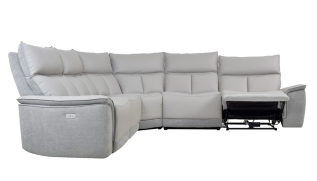 Canapé d'angle 2 relax électriques EVE en cuir gris clair tissu métal