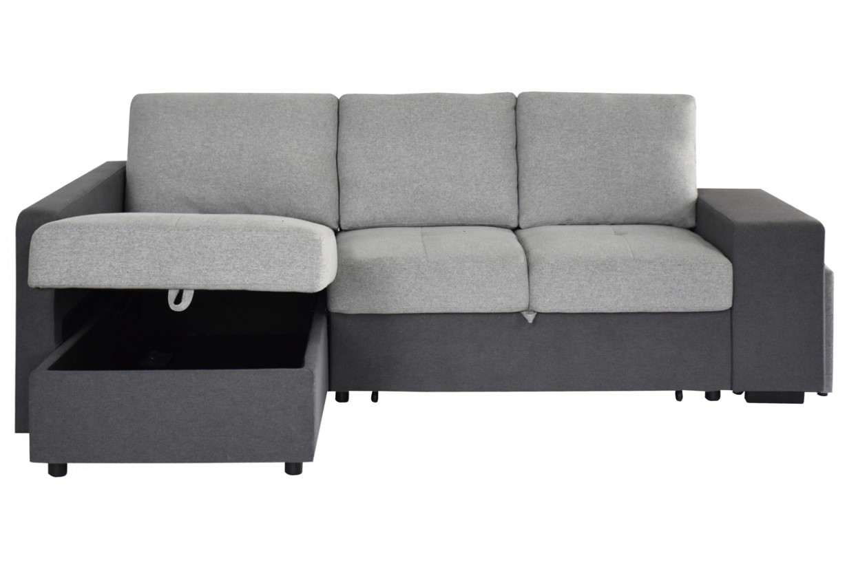 Canapé d'angle gauche convertible EVERY avec coffre tissu gris foncé et gris clair