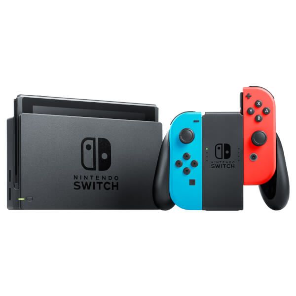 Nintendo Switch avec Joy-Con rouge fluorescent et bleu néon