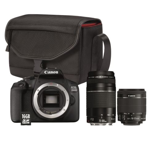 Reflex Canon EOS 2000D + Objectif EF-S 18-55 mm f/3.5-5.6 IS II + Objectif EF 75-300 mm f/4-5.6 III + Sac SB130 + Carte mémoire SD 16 Go