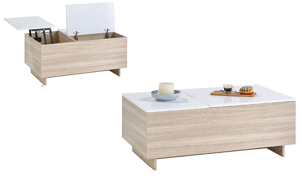 Table basse plateau relevable TIKO Imitation chêne et blanc 