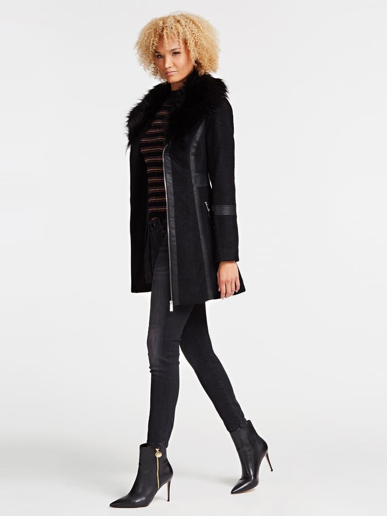 MANTEAU EN LAINE COL FAUSSE FOURRURE Noir Guess