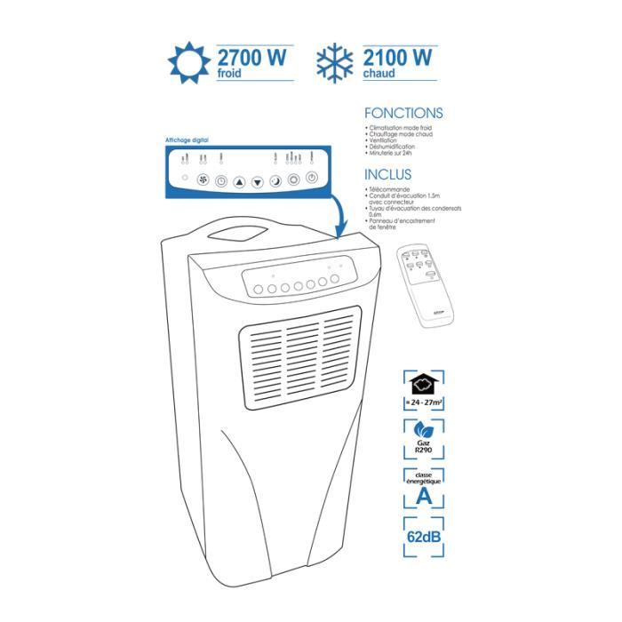 Airton climatiseur mobile réversible 2700W 9000 BTU