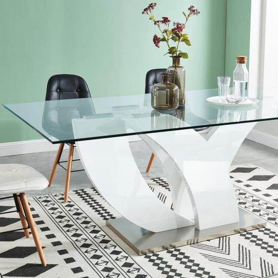 ARGO Table à manger de 6 à 8 personnes style contemporain en métal blanc laqué brillant