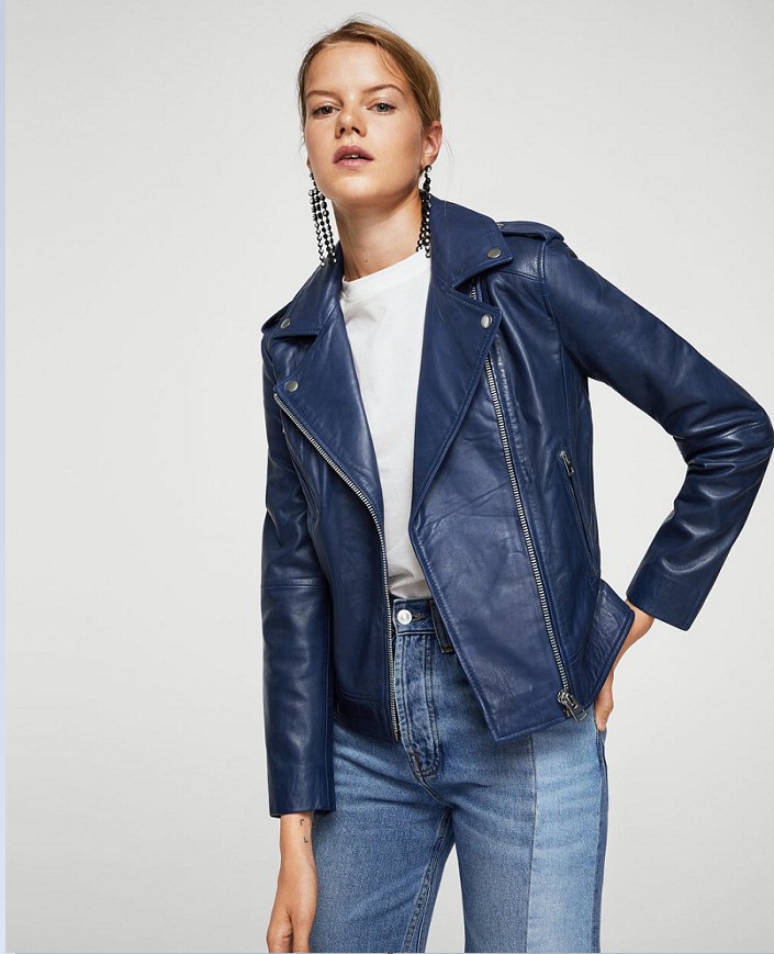 Mango SHANGHAI Blouson biker en cuir Bleu