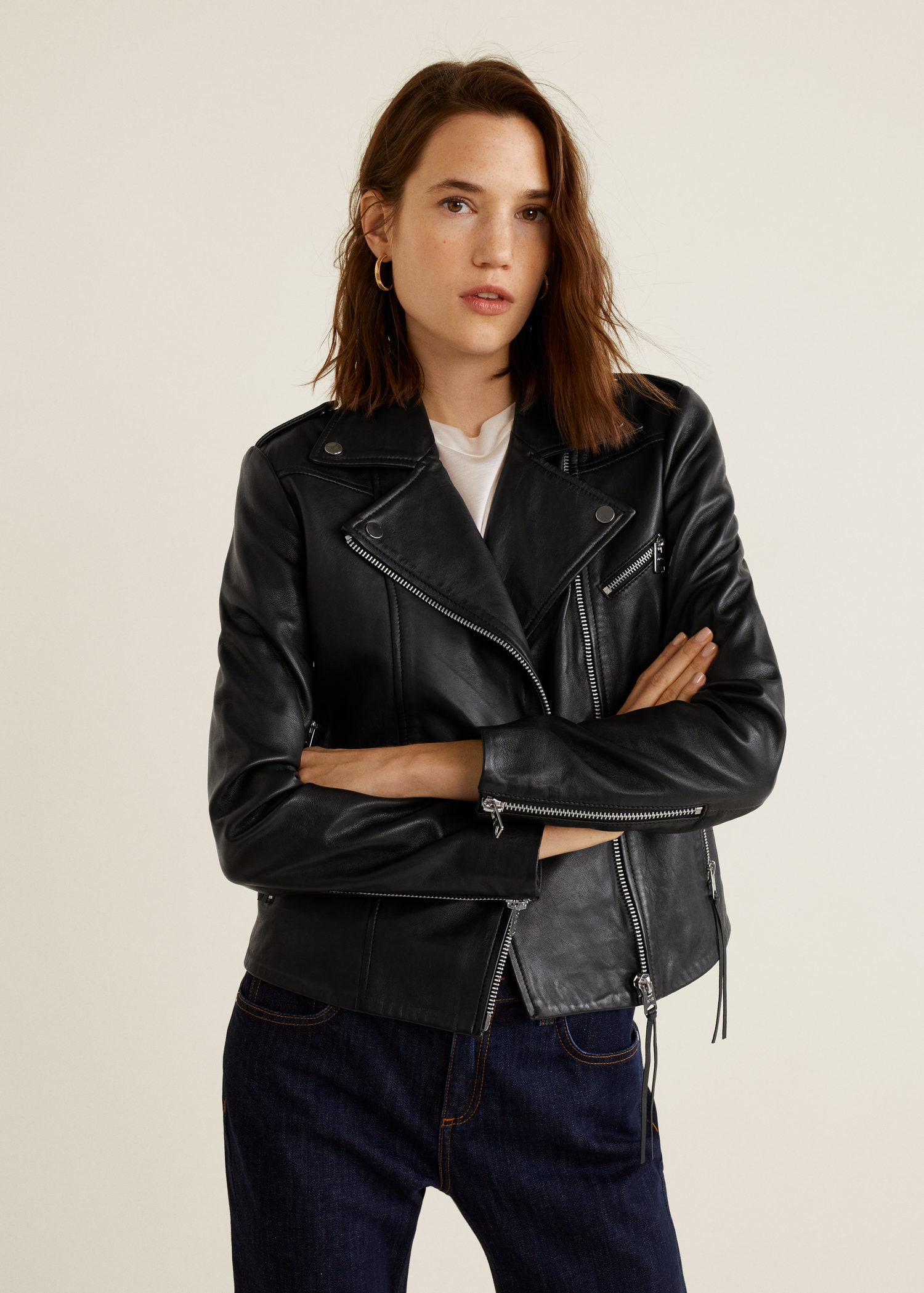 Mango ESTHER Blouson biker en cuir noir 