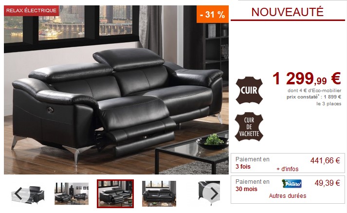 Canapé 3 places relax électrique DALOA en cuir noir - Vente Unique