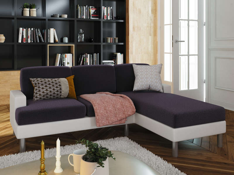 Canapé d'angle fixe 3 places en tissu RONANE coloris blanc/gris
