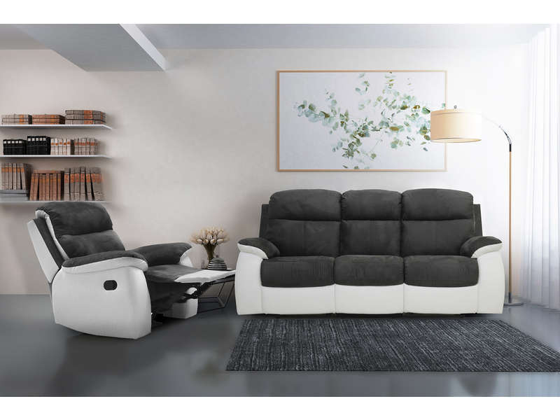 Canapé de relaxation manuel 3 places MEMPHIS coloris anthracite/ blanc