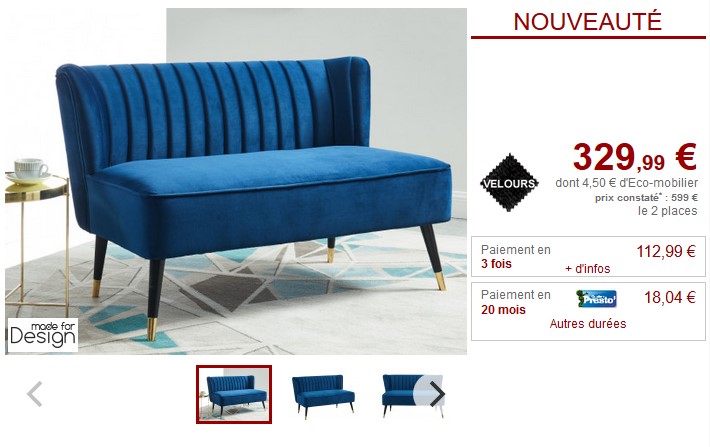 Canapé et fauteuil charme PRISO en velours bleu nuit - Vente Unique