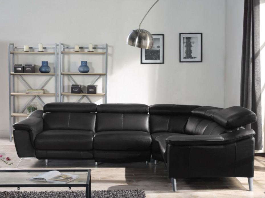 Canapé d'angle droit relax électrique KATIE en cuir noir - Vente Unique