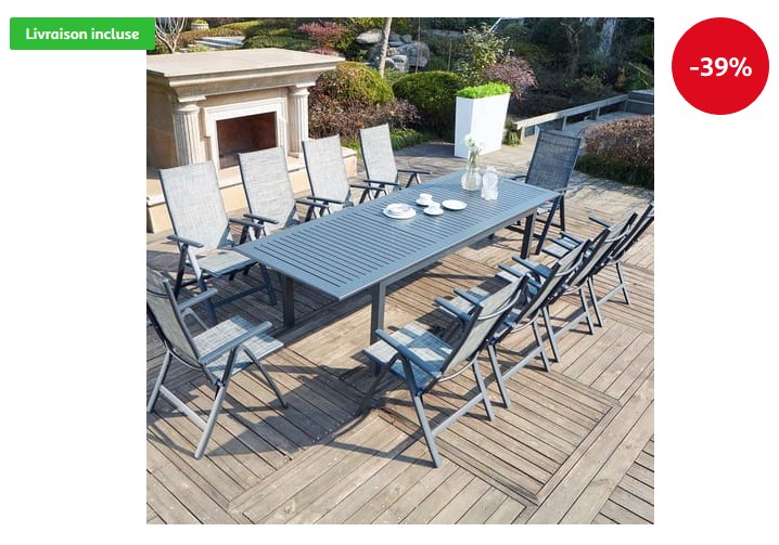 Berana 10 CONCEPT USINE table de jardin extensible 10 personnes + 10 chaises en aluminium
