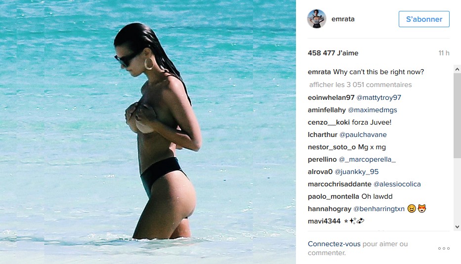 Emily Ratajkowski seins nus à la plage sur Instagram