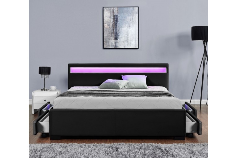 Structure de lit en Simili Blanc avec rangements et LED integrees CONCEPT USINE Lit Enfield 140x190 cm