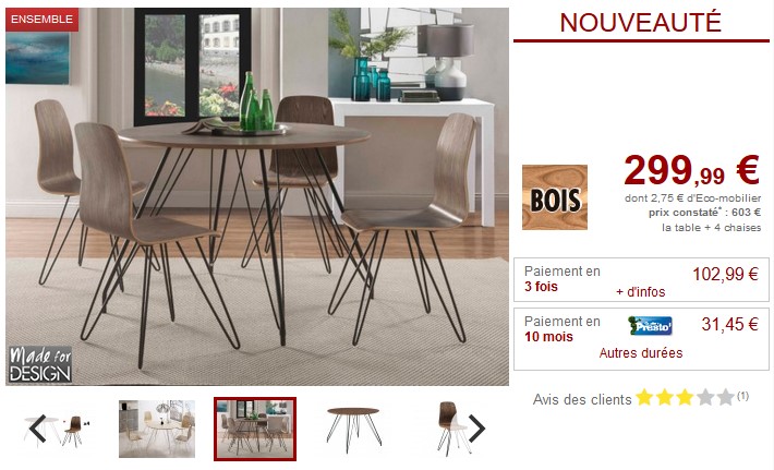 Ensemble table + 4 chaises ELANNA Coloris Noyer - Vente Unique