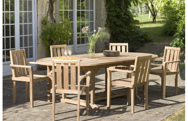 Ensemble table de jardin et 6 fauteuils FOGO en teck - Salon de jardin Miliboo