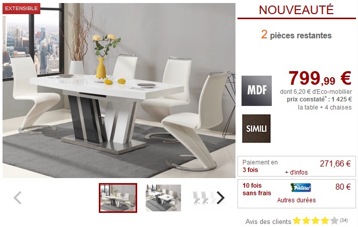 Ensemble table extensible NOAMI + 4 chaises TWIZY Blanc