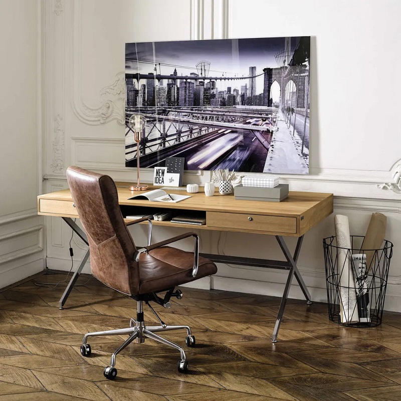 Fauteuil de bureau Teacher à roulettes en cuir et métal marron - Maisons du Monde