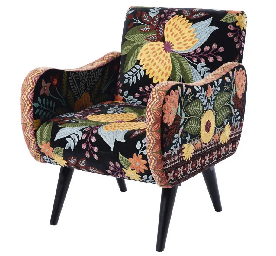 Fauteuil en velours Gitano noir brodé