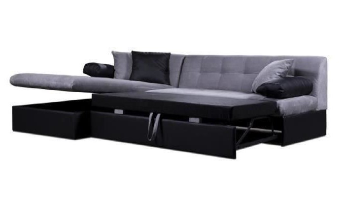 FINLANDEK Canapé d'angle convertible LEVEA 5 places - Tissu gris et simili noir - Contemporain
