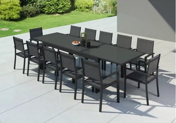 HARA XXL Table de jardin extensible aluminium 200/320cm + 12 fauteuils textilène Argentée