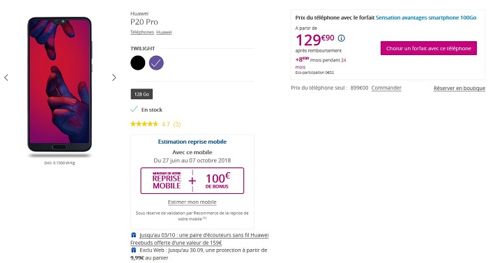 Huawei P20 Pro Dual Sim dès 129.90 € avec Bouygues Telecom