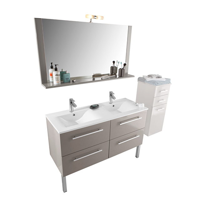Meuble de salle de bains Castorama - Meuble sous-vasque + plan vasque + miroir éclairant Eden