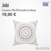 Jobi Coussin 30x30 broderie bleue Habitat