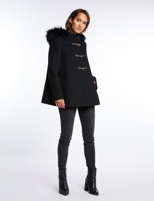 Manteau avec capuche imitation fourrure Noir Morgan