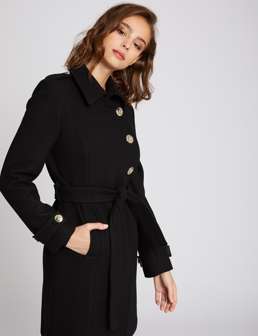 Manteau cintré boutonné et ceinturé Noir Morgan