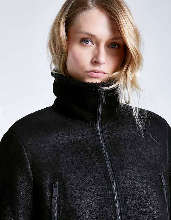 Manteau noir en vraie peau retournée zippée IKKS Women