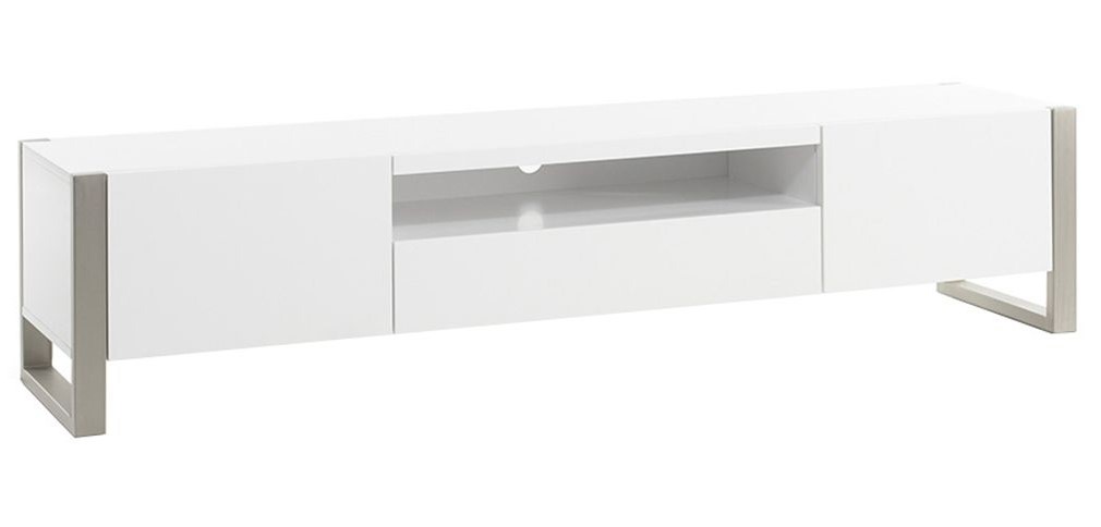 Meuble TV design MAGNA avec rangements blanc laqué et métal